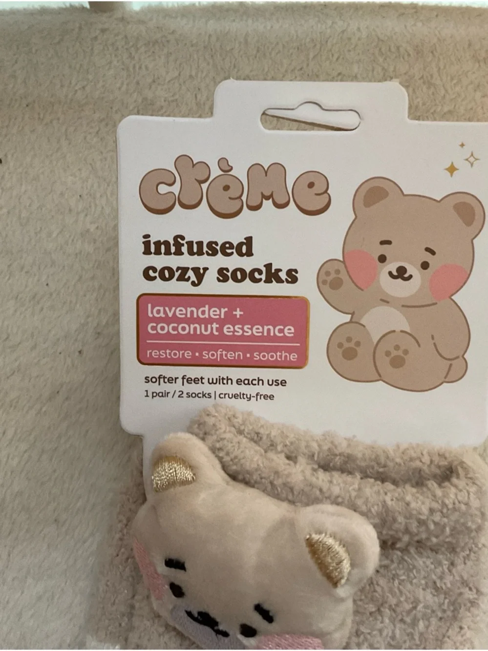 Cozy Bear Plush-Top adults Fuzzy Knee-High Socks - Beige & White